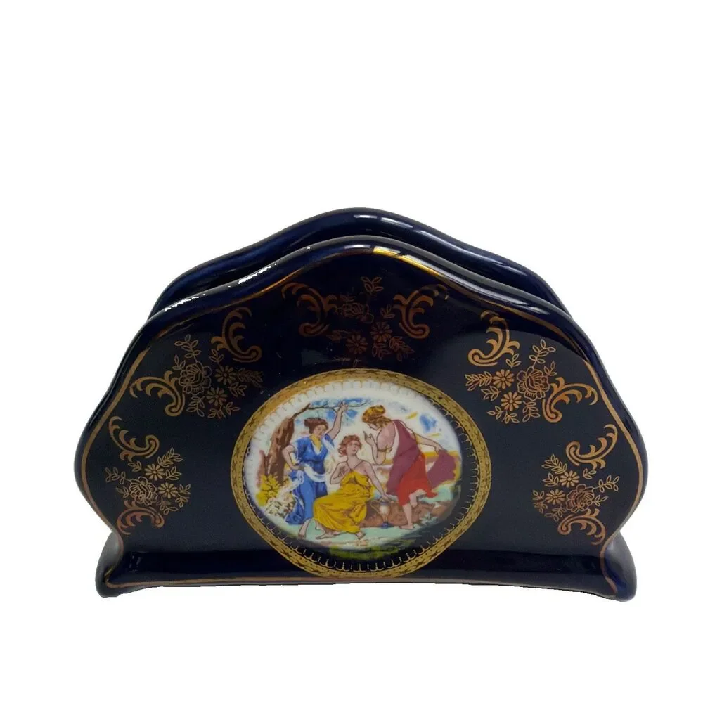 Rosenberg Porcelain Cobalt Napkin Holder 24k Gold Plate Classical Figural Scene